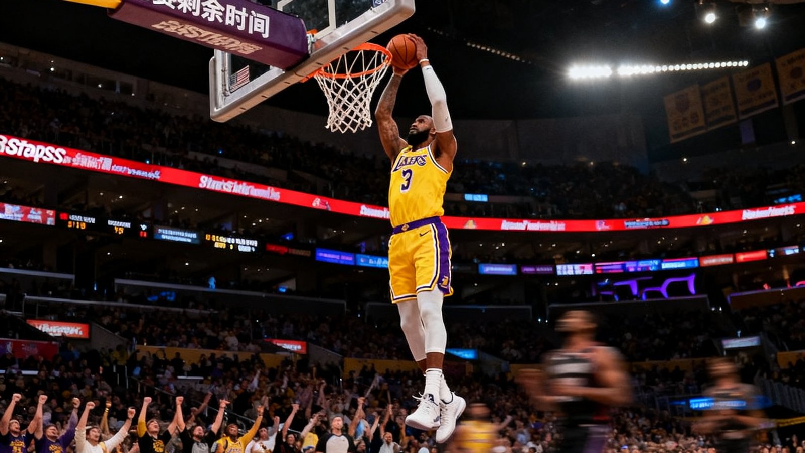 NBA篮球赛事直播画面，洛杉矶湖人队主场斯台普斯中心内，一名球员正在完成一记精彩的扣篮动作，篮筐上方计时器显示比赛剩余时间
