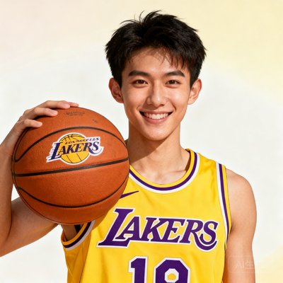 一位年轻男性篮球迷的头像照片，他身穿湖人队黄色球衣，手持篮球对着镜头自信微笑